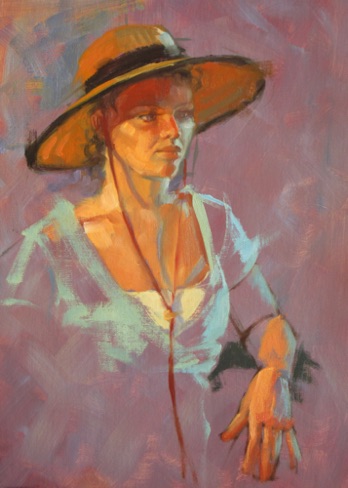 Velvet trimmed hat 
14" x 11" oil